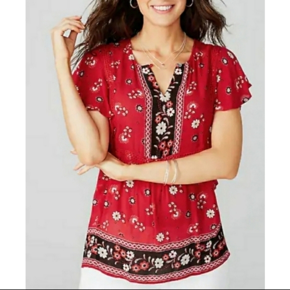 J. Jill Tops - |J. Jill| Red Floral Bohemian Blouse